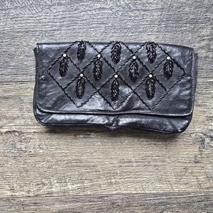 Walborg Vintage Black Leather Clutch with Embroidery